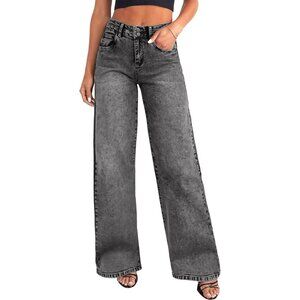 Women's Wide Leg Denim Jeans High Waist Baggy Stretchy Raw Hem Casual